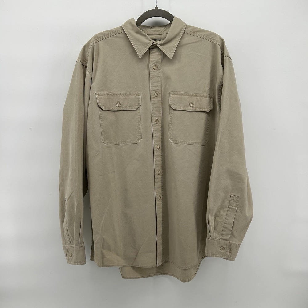 L.L.Bean Sunwashed Canvas Shirt Mens L Tan Khaki Vintage Workwear Outdoor 0FCW7